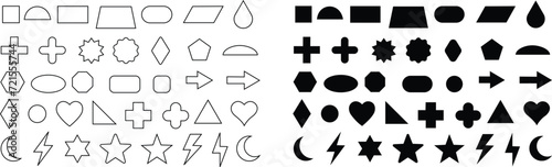 Basic geometric shapes kids, black cute line and flat icons set, cartoon characters isolated on transparent background. Education and children game. Geometric primitives vector collection.