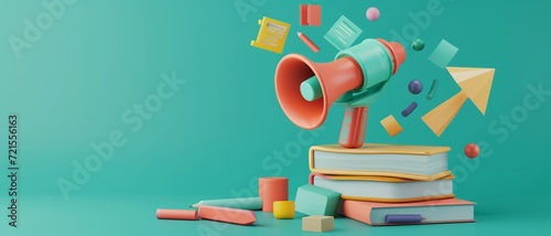 The megaphone announces the beginning of school. School symbols coming out from the megaphone on green background. 3D Rendering, 3D Illustration