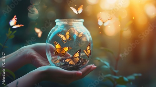 woman gives freedom to some butterflies enclosed in a glass vase photo