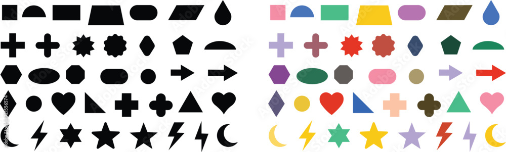 Basic geometric shapes kids, black and colorful cute flat icons set, cartoon characters isolated on transparent background. Education and children game. Geometric primitives vector collection.