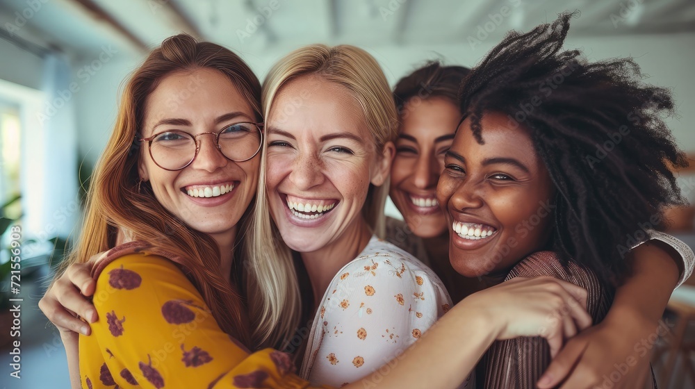 Women, happy and hug with celebration and team, diversity and success in presentation and collaboration. Solidarity Women, happy and hug with celebration and team, diversity and success in presentation and collaboration. Solidarity