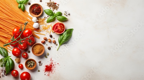 A white background is used for an italian food concept and menu design that includes pasta and ingredients.