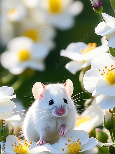Little mouse wild flower background  animal pet close-up portrait