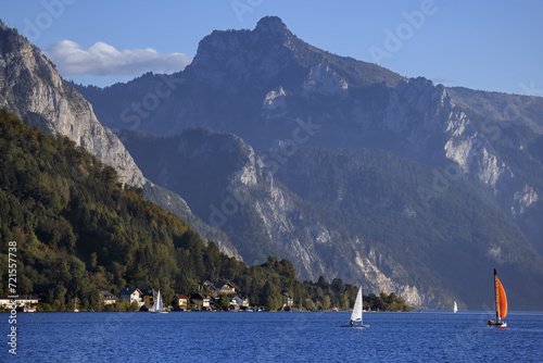View of the deepest lake in Austria Traunsee from the embankment of the town of Gmunden