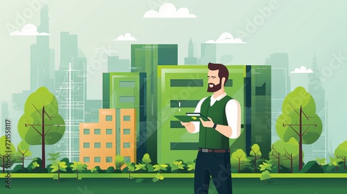An illustration of a building on a green background is being created by a caucasian man.
