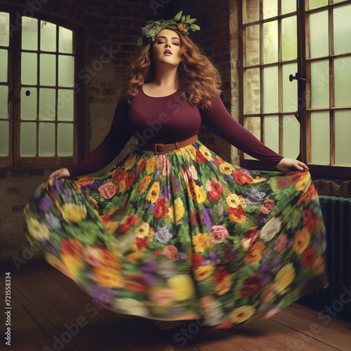 Mannequin grande taille, dansant dans une jupe à fleurs avec une couronne dans les cheveux, mode plus-size, illustration poétique