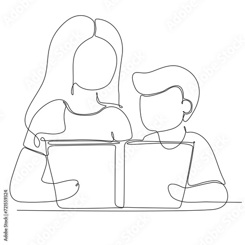 continuous single line drawn mother reading a book to little child hand drawn silhouette illustration. Art line. doodle