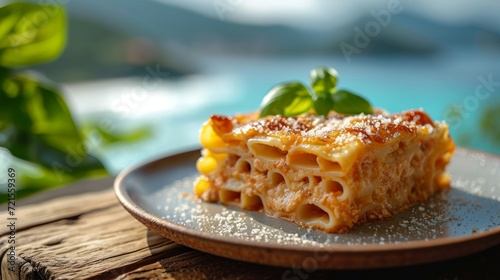 Rustic wooden table with a plate of Italian lasagna Bolognese garnished with fresh basil leaves. Bright summer restaurant terrace overlooking a beautiful Mediterranean seascape.