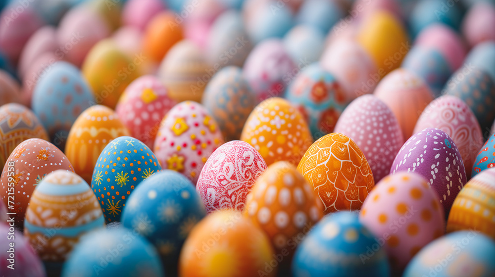 Fototapeta premium Beautiful colorful easter eggs close-up background. Pastel colored eggs with cute pattern