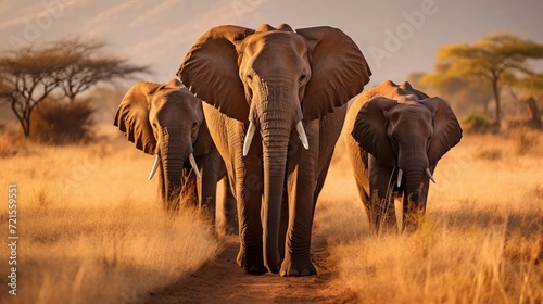 Dry grass in the wilderness is where a group of elephants are walking. photo