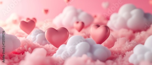 Paper hearts between the clouds. Valentine's day concept on pink background 3D Rendering, 3D Illustration