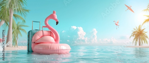 Pink flamingo inflatable belt with travel suitcase in turquoise blue water 3D Rendering, 3D Illustration © Ahtesham