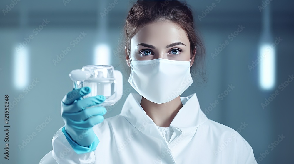 In front of a light white background, a young female doctor wearing a white protective suit and mask holds a flask. In front of a light white background, a young female doctor wearing a white protective suit and mask holds a flask.