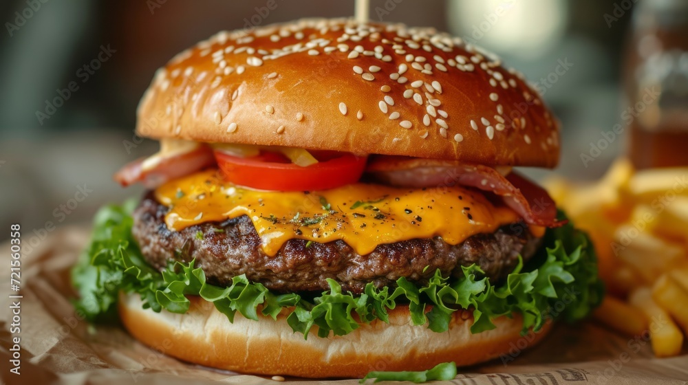 Classic cheeseburger on rustic wooden serving board. Hamburger with Black Angus cutlet, cheese, tomatoes, onion and salad leaves, topped with sesame seeds. Side view. Background image for the menu.