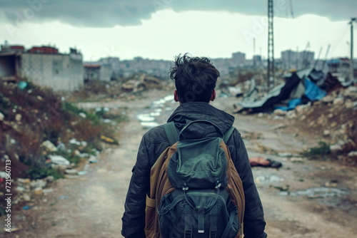 A refugee walks through the ruins Migration Day December 18