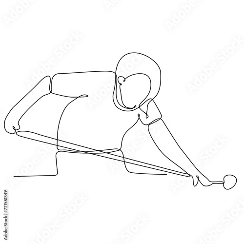 One line drawing of beautiful woman playing pool in pool hall vector illustration. Indoor sports recreation game concept. Modern continuous line drawing design