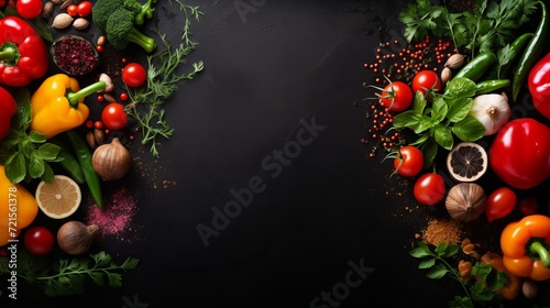 On a black background, there is a collection of vegetables, herbs, and spices, along with a top view and copy space.