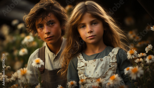 Two cute girls smiling, holding flowers, enjoying the outdoors generated by AI