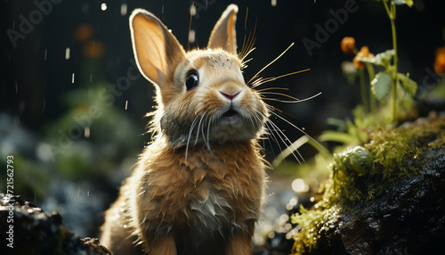 Cute small rabbit sitting in grass, looking at camera generated by AI