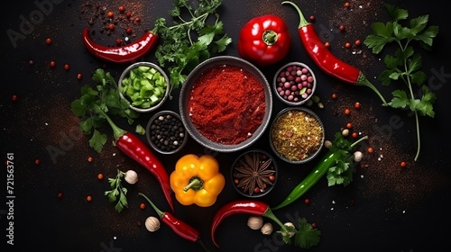 The top view shows various seasonings and vegetables with a dark background. the food includes soup, sauce, and spicy peppers.