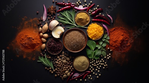 The top view shows various seasonings and vegetables with a dark background. the food includes soup, sauce, and spicy peppers.