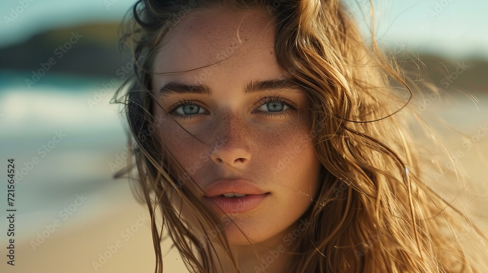 closeup portrait of a young, sensual model woman on the beach looking at camera