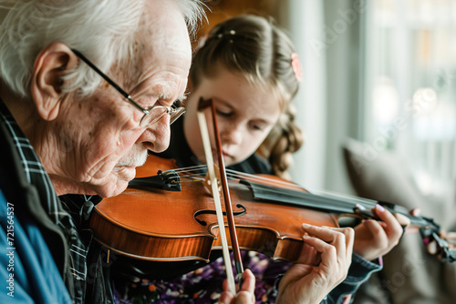 Moments where grandparents and grandchildren pursue shared hobbies, such as playing musical instruments.