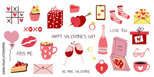 Vector set for Valentine's Day. Different romantic objects. Valentine's Day elements set in hand drawn style. Heart, champagne, glasses, pizza, cups, ring, envelope. White isolated background.  photo