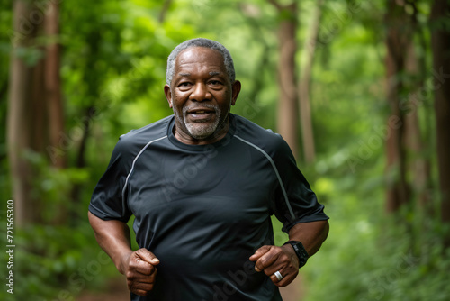 An older black man going for a run in the forest, keeping active in old age © Dennis