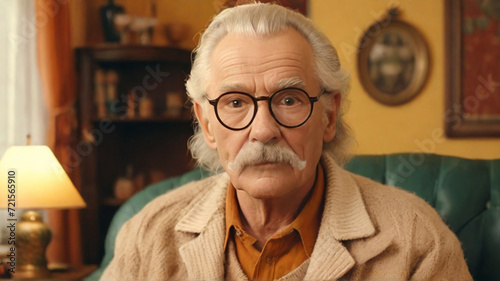 Portrait of senior man with mustache and reading glasses sitting in his retro cozy living room