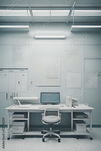 Empty hospital room. Desk and computer. White room. Generative AI 