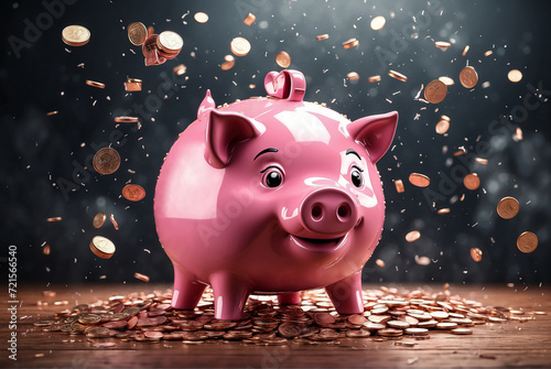 Piggy bank in the shape of a pig with coins. piggy bank with flying coins on a blurred background.