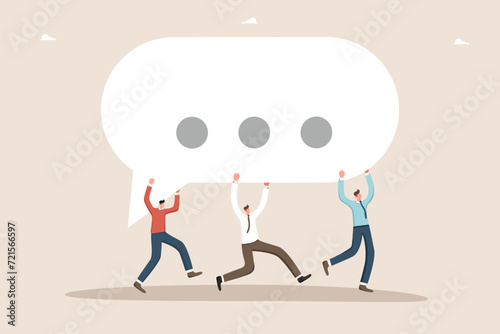 Collect feedback, employee survey or customer advice, teamwork idea or opinion for improvement, communication skills and business communication, businessmen carry speech bubble.