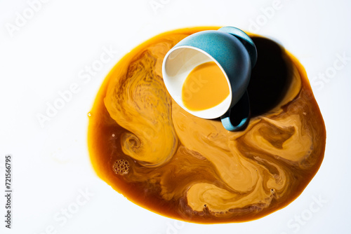 A green teacup on its side with creamed coffee spilling out into a round puddle on a white table photo