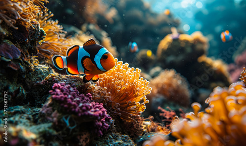Vibrant Clownfish Swimming Through Colorful Coral Reef, a Spectacle of Marine Life Showcasing Underwater Biodiversity and the Beauty of Ocean Ecosystems