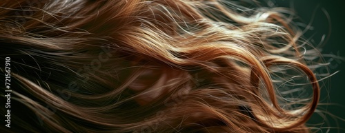  a close - up of a woman's hair with long, wavy, blonde hair blowing in the wind, on a dark background of a green wallpapered background. © Oleg