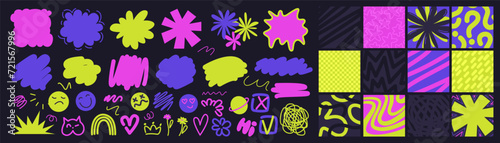 Colorful abstract backgrounds with retro shapes. Groovy  design in trendy  90s cartoon style. Psychedelic, acid clors, design elements, stickers. Speech bubbles. Place for text, quote.