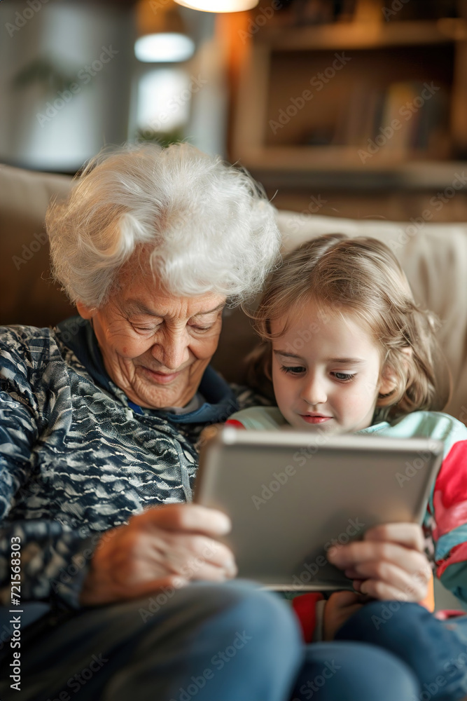 Exchange of knowledge as grandchildren teach grandparents about modern gadgets, emphasizing the bridge between generations, the interaction between older and younger generations