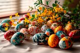 Easter ornaments lying on a white crumpled tablecloth.