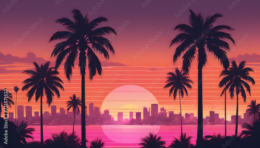 Tropical Sunset Over a Serene Beach With Palm Trees, synthwave style illustration Tropical Sunset Over a Serene Beach With Palm Trees, synthwave style illustration