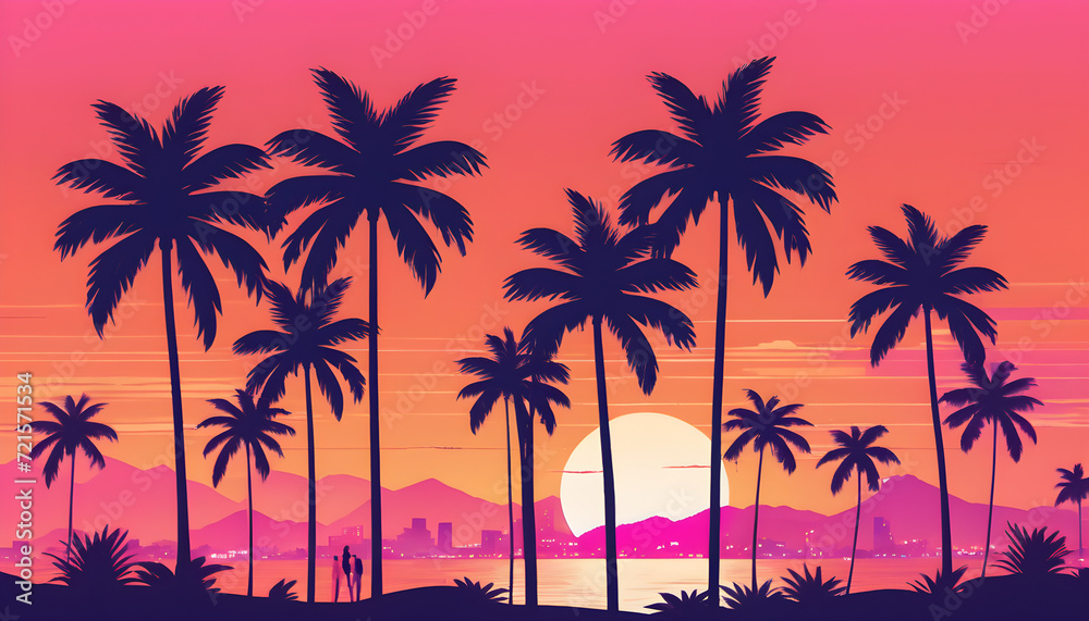 Tropical Sunset Over a Serene Beach With Palm Trees, synthwave style illustration