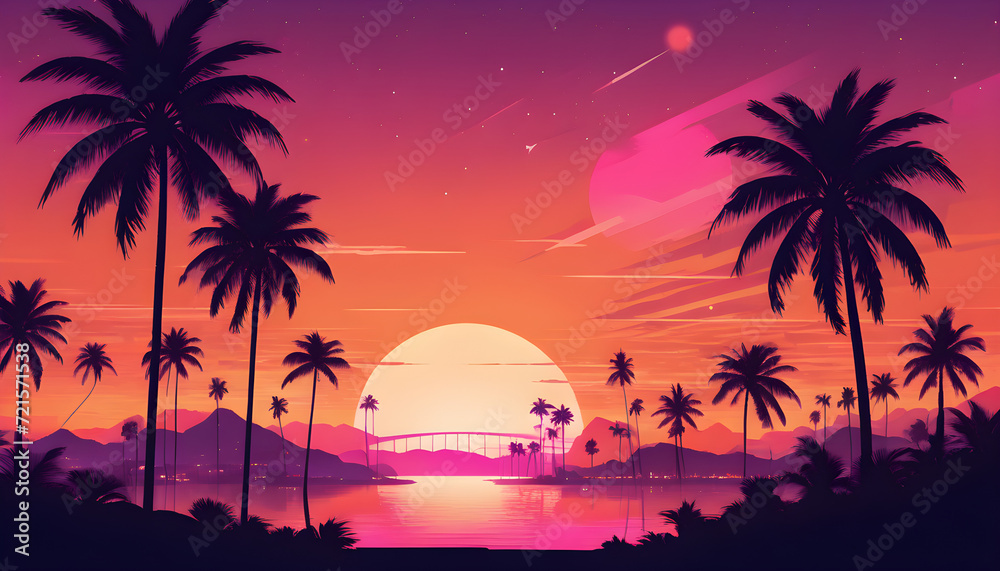 Tropical Sunset Over a Serene Beach With Palm Trees, synthwave style illustration