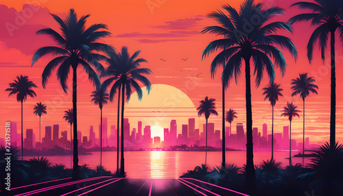 Tropical Sunset Over a Serene Beach With Palm Trees, synthwave style illustration