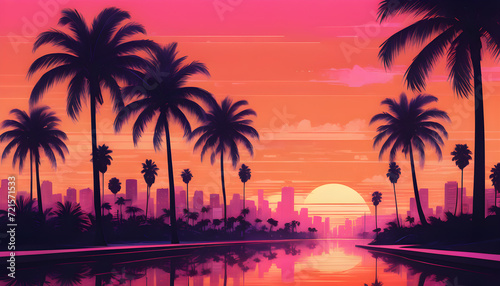 Tropical Sunset Over a Serene Beach With Palm Trees, synthwave style illustration © PLATİNUM
