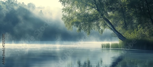 Serene Lakeside Embraces Misty Morning Serenity