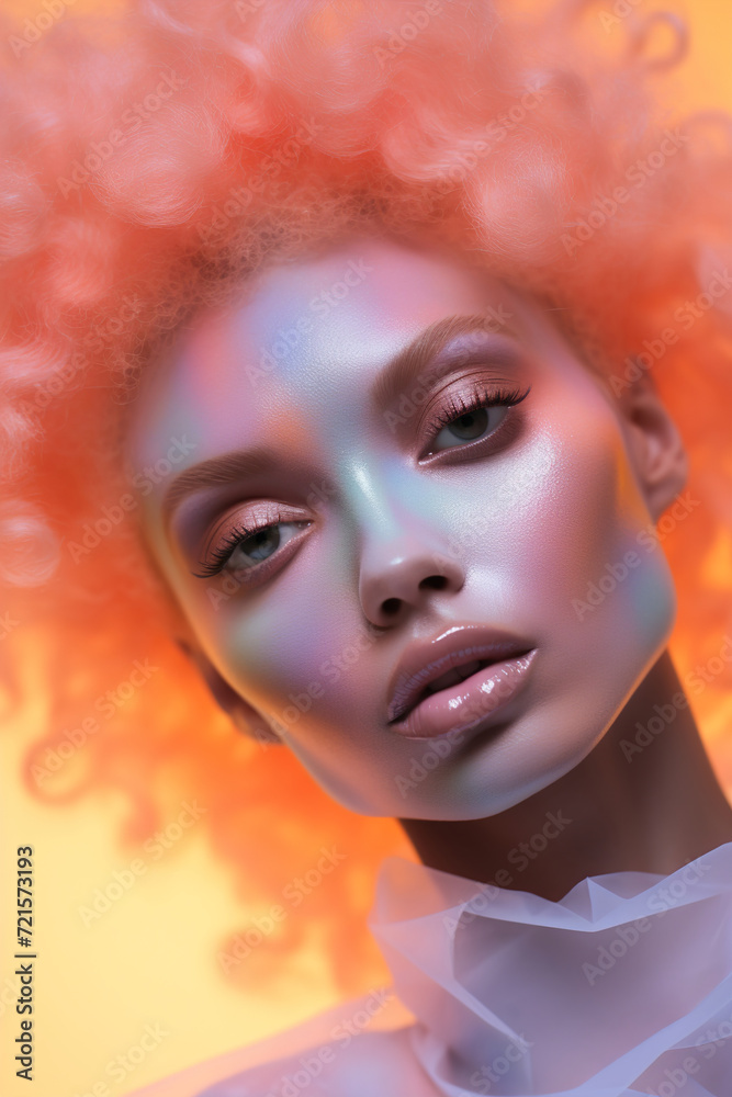 Peach Fuzz colour background, look at the camera, Holographic tones, woman portrait with multichrome powder covered face. Peach Fuzz colour background, look at the camera, Holographic tones, woman portrait with multichrome powder covered face.