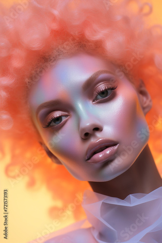 Peach Fuzz colour background, look at the camera, Holographic tones, woman portrait with multichrome powder covered face.