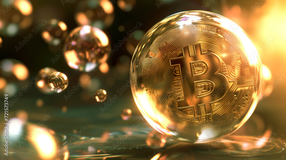 Golden Bitcoin on a dark background. Cryptocurrency concept. 