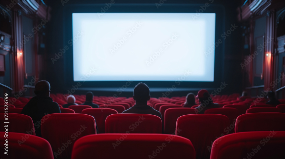 Cinema auditorium with empty white screen and rows of red seats