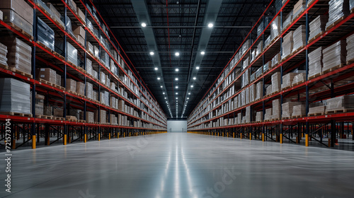 Warehouse interior with rows of shelves and rows of boxes.